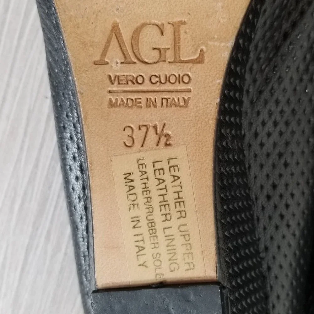 AGL Peep Toe Wedge Pump, Black Perforated Leather, Womens Size 7.5 US / 37.5 - Picture 11 of 12